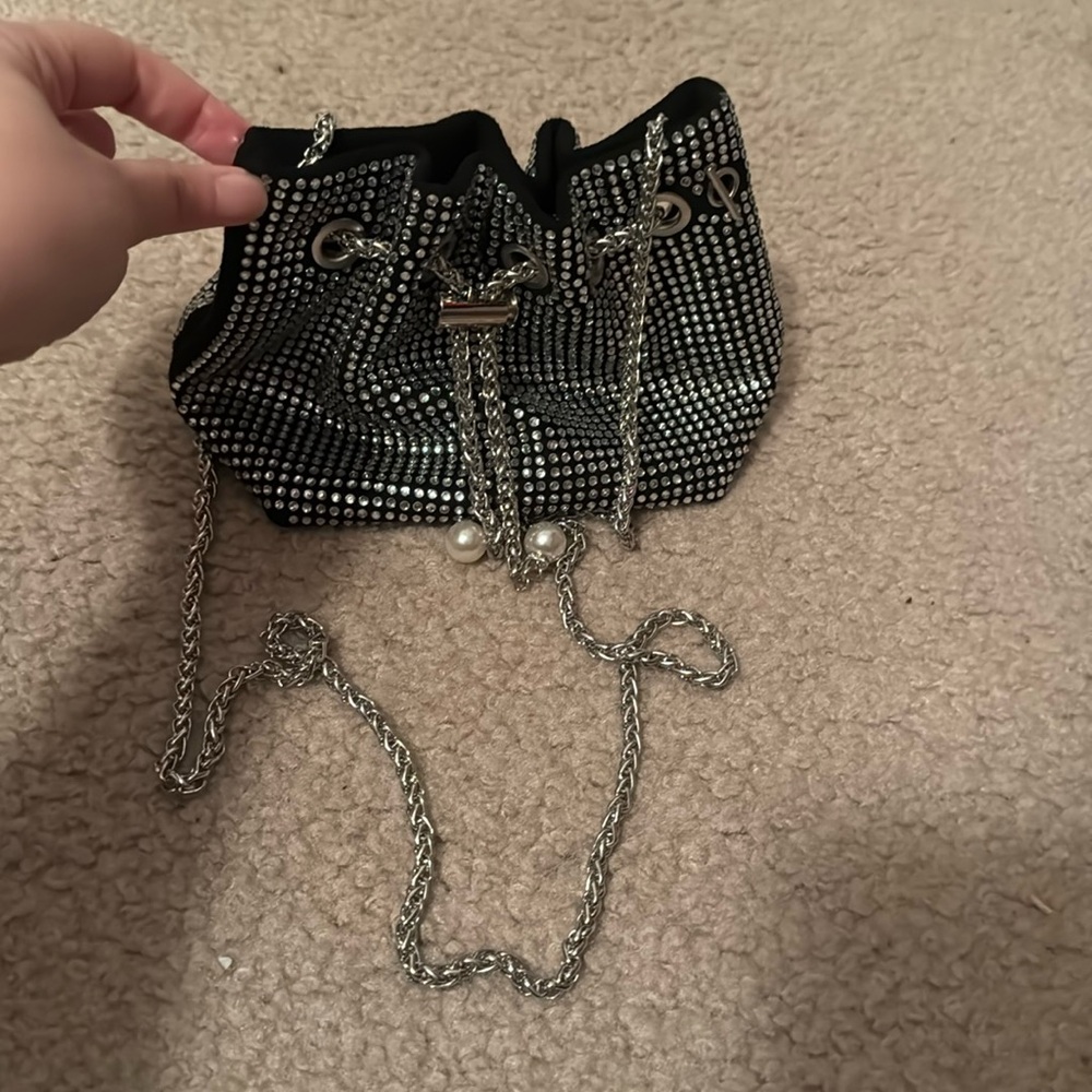 Anna & Elle Bucket Crossbody Bag Size OS Color Black Silver Rhinestone Pearl